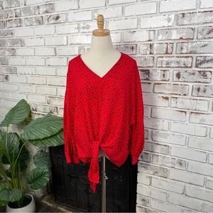 Beachlunchlounge Red with polka Dots Tie Front Long Sleeve Lightweight Top L